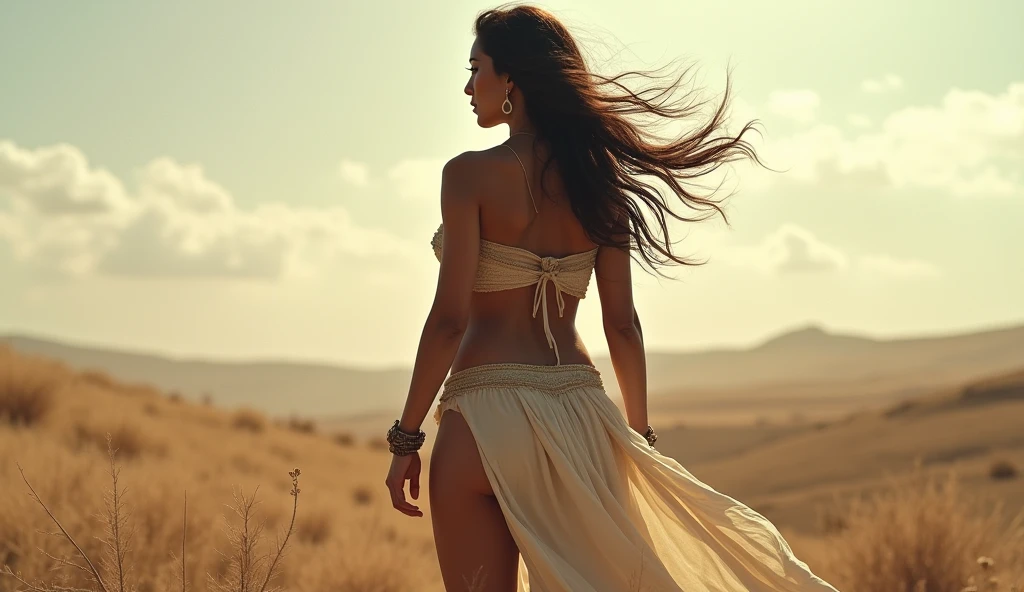 A beautiful Persian warrior woman, full hd, best quality, 1 girl, solo, beautiful, shapely, big hips, huge breasts, big ass, thick legs, a big slit showing part of her legs, innocent, pure, delicate, body proportional, perfect body figure, cold face, long hair flying in the wind, Photos with depth, wind, (masterpiece), full hd, best quality, from the back, observing the landscape, perfect face, 1 girl, solo, Portrait of an ancient Persian warrior.