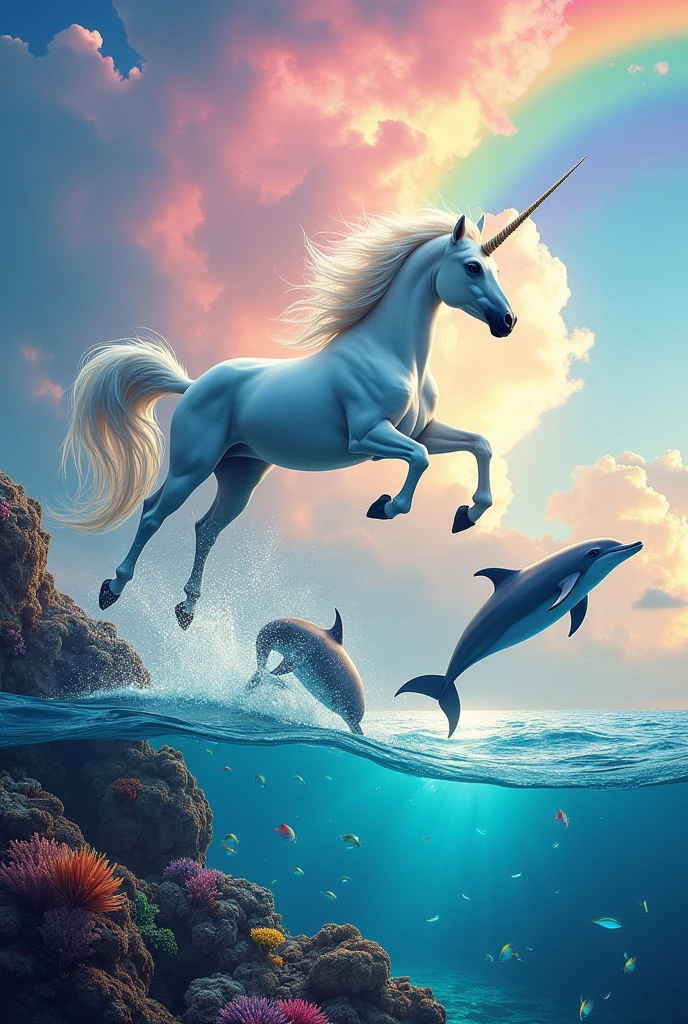 Generates an image of a unicorn and dolphins jumping over the ocean with colorful sky and rainbow with fish visible in the ocean and corals visible