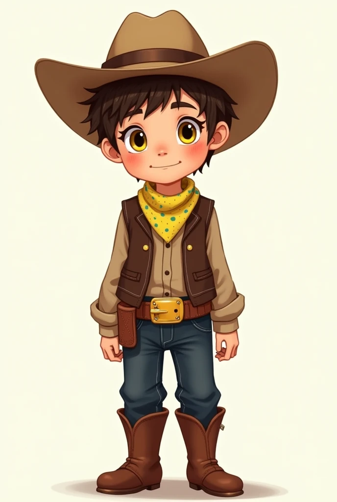 Clover is a human child of fair complexion and short brown hair. Official art portrays Clover with yellow irises.
Clover wears a brown long-sleeved t-shirt beneath a dark brown vest and dark blue pants, presumably denim, girded by a dark reddish-brown belt with a gold buckle. They wear a pair of brown shoes and a light brown cowboy hat with a dark brown hatband. Around their neck, Clover sports a yellow bandana with a blue dot pattern (though some official art depicts it as a checkered blue and yellow bandana and handed a gun he is dressing maid costume