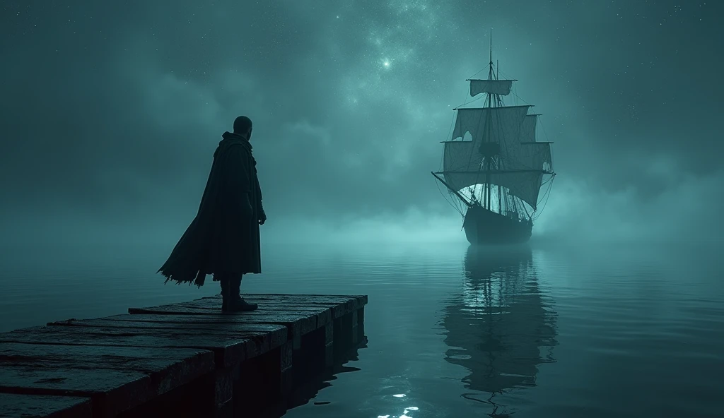 A cinematic and dark image of a medieval sailor standing on an abandoned, weathered dock, staring in awe at a ghostly ship floating on a sea of stars. The boundary between the sky and the sea is nearly seamless, creating the illusion that the ship sails through the vastness of space itself. The stars above are mirrored perfectly in the calm water below, making the scene otherworldly and surreal. The ship, with tattered sails glowing faintly, appears both ethereal and ominous. The sailor, captivated and seemingly entranced, stands at the edge of the dock, with one foot poised as if ready to step onto the spectral vessel that promises a journey into the unknown. The atmosphere is heavy with mystery, as the soft light of the stars casts a dim, eerie glow over the scene, blending the line between reality and the supernatural., Surrealism, Hyperrealism, UHD, retina, masterpiece, accurate, anatomically correct, textured skin, super detail, award winning, 16k