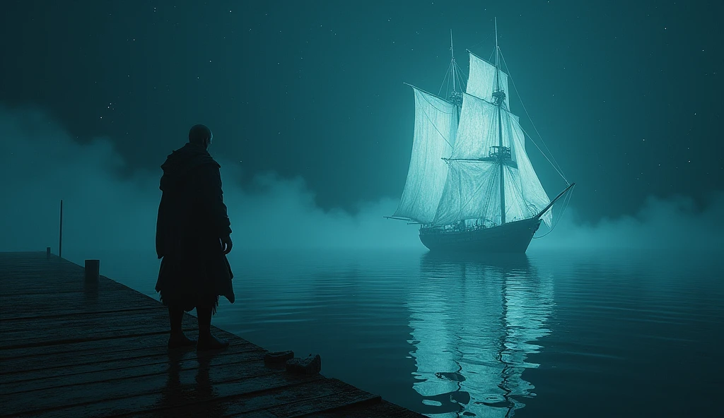 A cinematic and dark image of a medieval sailor standing on an abandoned, weathered dock, staring in awe at a ghostly ship floating on a sea of stars. The boundary between the sky and the sea is nearly seamless, creating the illusion that the ship sails through the vastness of space itself. The stars above are mirrored perfectly in the calm water below, making the scene otherworldly and surreal. The ship, with tattered sails glowing faintly, appears both ethereal and ominous. The sailor, captivated and seemingly entranced, stands at the edge of the dock, with one foot poised as if ready to step onto the spectral vessel that promises a journey into the unknown. The atmosphere is heavy with mystery, as the soft light of the stars casts a dim, eerie glow over the scene, blending the line between reality and the supernatural., Surrealism, Hyperrealism, UHD, retina, masterpiece, accurate, anatomically correct, textured skin, super detail, award winning, 16k