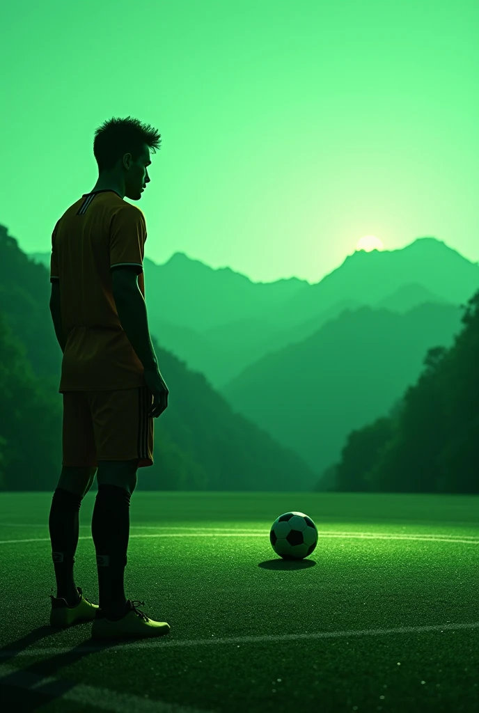 This same image has a green background with a silhouette of a player on the left side and a soccer ball on a synthetic field with mountains in the background