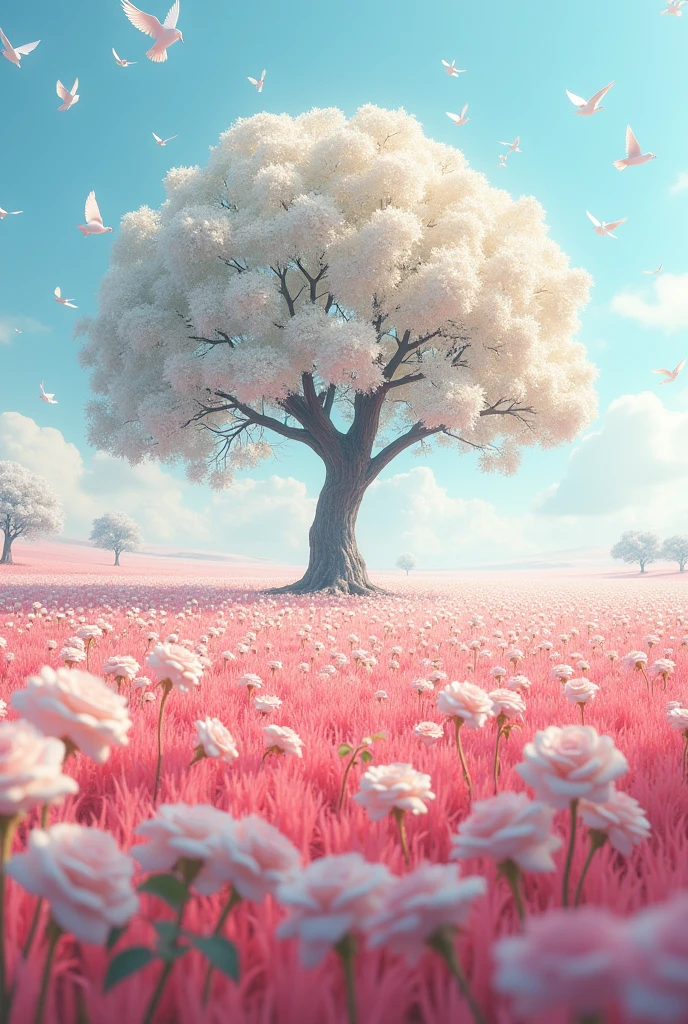 A beautiful field of white roses, the grass is pink, it's a beautiful day, the birds are flying, there's a big apple tree right in the center of this field.