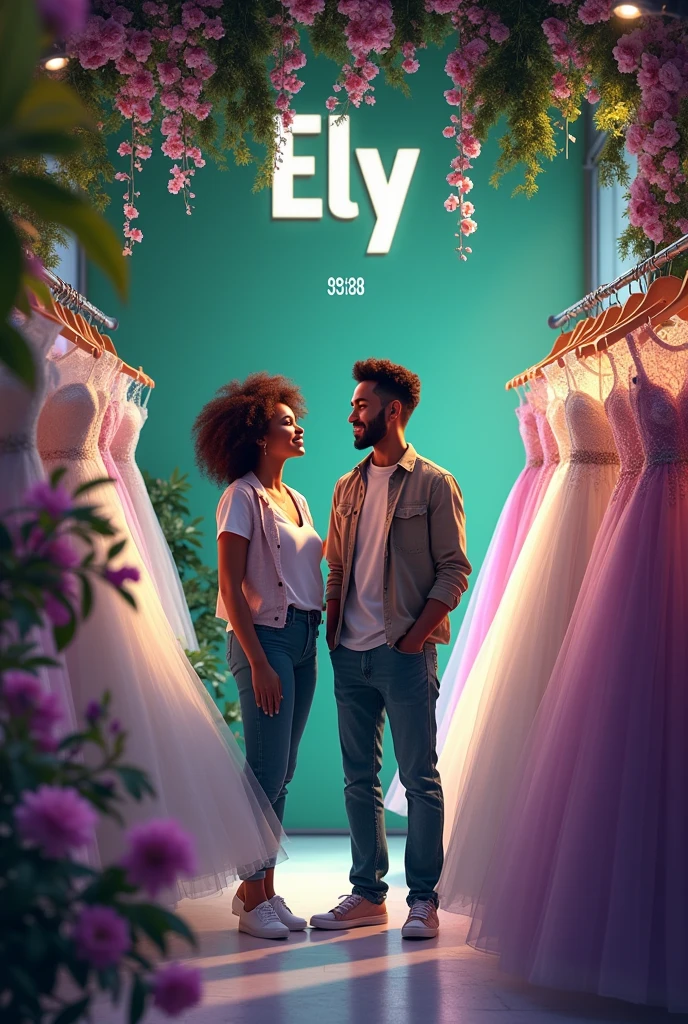Create image of man and woman in bridal shop with diversity with green and purple colors wearing shirt with the name Ely with the campaign number 33133 highlighted in white at the top