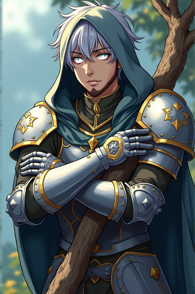 anime style, Young gentleman with a vagabond appearance, with large and wide armor, silver with gold flourishes, covered with a layer, head covered with hood, short beard, brown skin, medium short silver hair, illuminated white eyes, It rests on a stick that looks like a branch