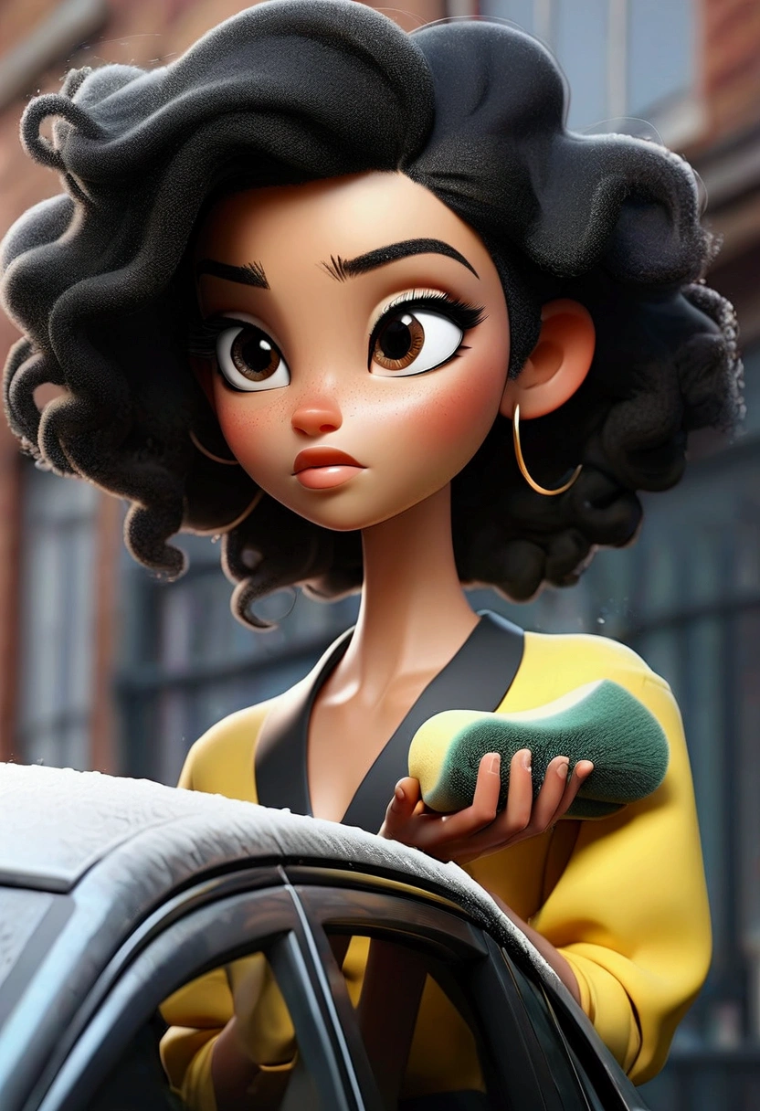 lighter skin, shorter black hair. washing car with sponge