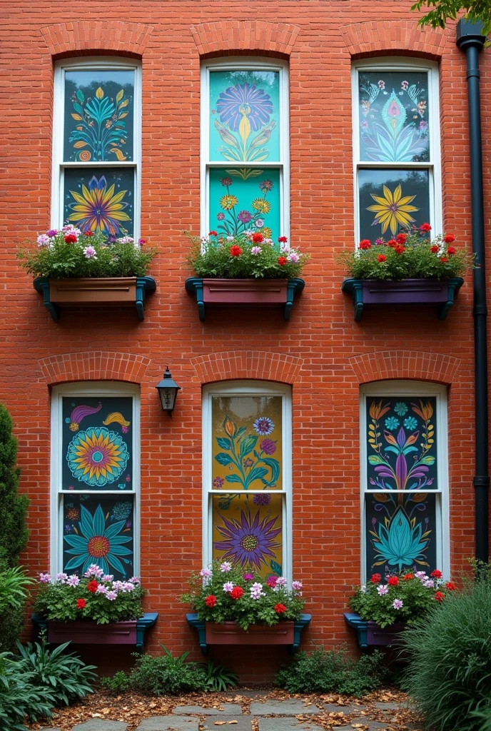 Front facing image of 6 multicoloured boho chic windows in a row on a brick house with multicolour pots of flowers