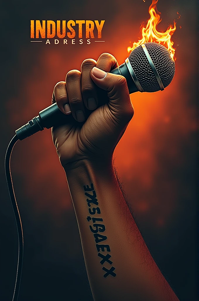 Do a hip-hop song cover art titled "INDUSTRY ADDRESS."  On it there should be a muscular African hand tatted with a clearly written tattoo "LiB Dax EST 1996," holding a microphone. At the ending of the microphone rope, there should be a burning church (indicating a person named church artistically).