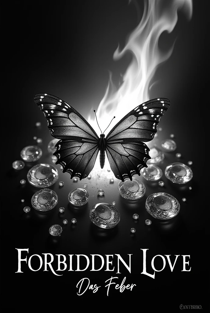in the middle is a butterfly that is burning and in the background there are jewels and it should all be black and white. At the top it says "Forbidden love das Feuer" in large letters and at the bottom it says "Xenia R" in small letters.
