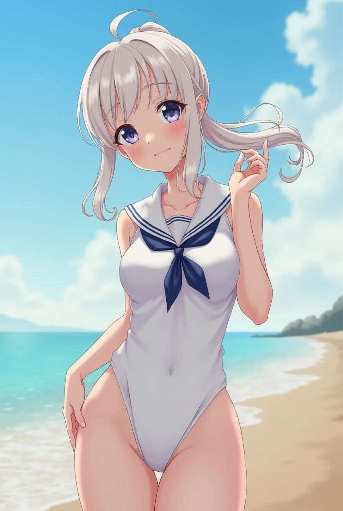 Highest quality、High resolution、Detailed Background、Realistic、RAW Photos、(Beautiful face in every detail:1.4)、Anatomically correct、(Normal number of fingers:1.2)、(Highly detailed face:1.4)、(Detailed eyes)、Japan beautiful  girls、Perfect body line、(Huge breasts:1.2)、Light color hair、ponytail、Bobcut、Long Hair、Wavy Hairstyle、cute仕草、Jokingly、Sleeveless white sailor suit、White sailor collar、Pleated andy beach in clear weather、barefoot、Blushing、My clothes are wet and transparent、Show your side、(Underboob:1.4)、(Panty Shot:1.3)、
(砂浜に寝そべって満面の笑みでShow your side2人の美少女:1.5)、cute