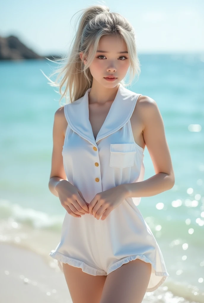Highest quality、High resolution、Detailed Background、Realistic、RAW Photos、(Beautiful face in every detail:1.4)、Anatomically correct、(Normal number of fingers:1.2)、(Highly detailed face:1.4)、(Detailed eyes)、Japan beautiful age girls、Perfect body line、(Huge breasts:1.2)、Light color hair、ponytail、Bobcut、Long Hair、Wavy Hairstyle、cute仕草、Jokingly、Sleeveless white sailor suit、White sailor collar、Pleated andy beach in clear weather、barefoot、Blushing、My clothes are wet and transparent、Show your side、(Underboob:1.4)、(Panty Shot:1.3)、
(砂浜に寝そべって満面の笑みでShow your side2人の美少女:1.5)、cute