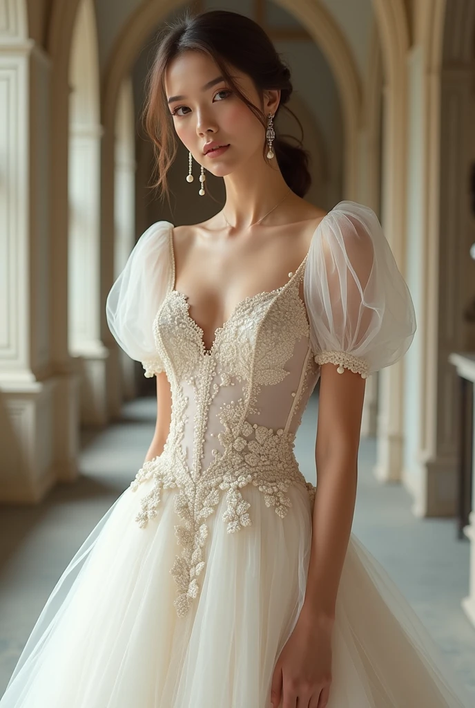 A wedding dress:
Fabric: Silk that enhances your body without being tight, transitioning into netting below the waist.
Fit: The dress shows off your curves while remaining comfortable and not overly tight.
Sleeves: Puff sleeves that are off the shoulders, draping down to the biceps with a trail of netting adorned with pearls hanging from both sleeves.
Neckline: Adorned with pearls, seamlessly integrating into the netting.
Skirt: The silk transitions into netting below the waist, embellished with delicate embroidery of butterflies and pearls.
cover the upper body and don't make the skirt see-through, keep the rest of the dress same and keep the sleeves