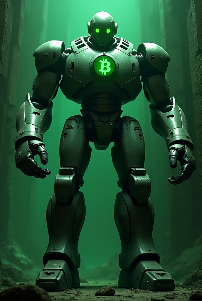 A large male humanoid robot with a metallic body, glowing green eyes, and a green bit coin like object in his hand, set against a dark green background