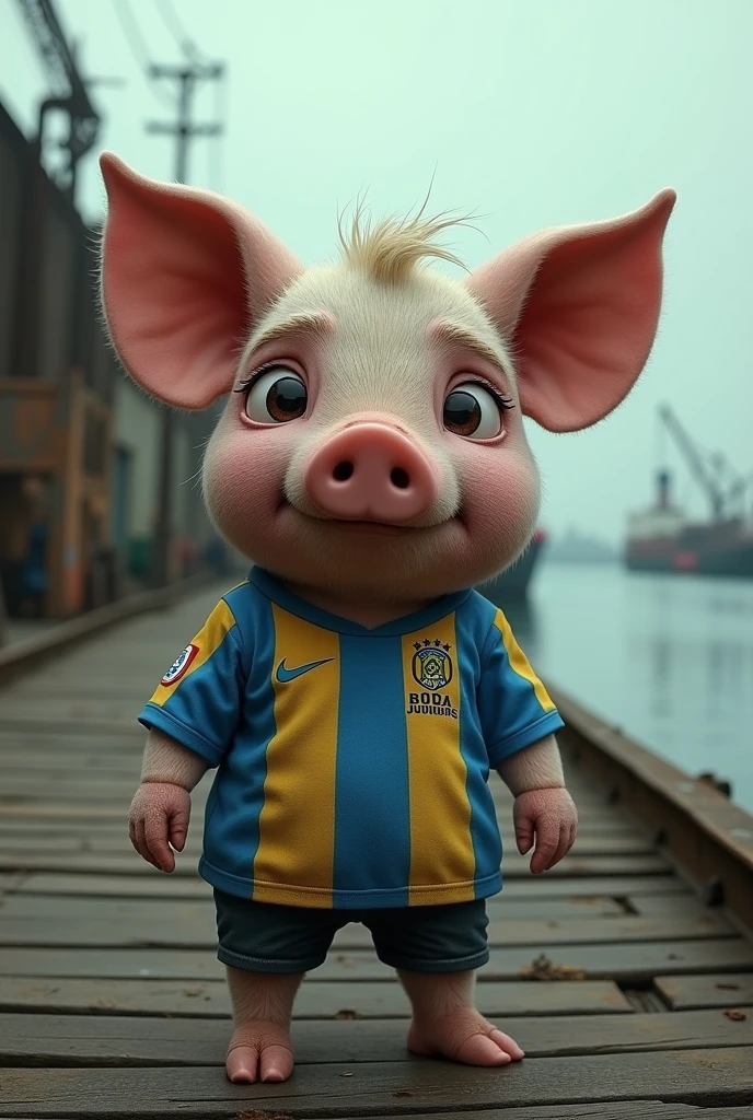 Make me a picture of a port and a crying pig with the Boca Juniors shirt from Argentina