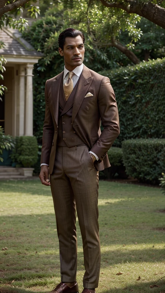 Create an elegant retro vintage fashion scene featuring a male model of African descent, resembling David Gandy. The model has an athletic figure with a striking, masculine physique and a captivating presence. He is dressed as a British prince, wearing a tailored, vintage-inspired royal outfit that includes a finely crafted velvet jacket adorned with intricate embroidery, a crisp white shirt, and tailored trousers that exude sophistication.
The scene is set in a lush royal garden, with manicured hedges and vibrant flower beds creating a picturesque backdrop. The warm sunlight filters through the leaves of ancient trees, casting dappled shadows on the ground and enhancing the regal atmosphere. The model stands confidently on a stone pathway, embodying the grace and poise of royalty.
His jacket is elegantly fitted, accentuating his athletic build, while the rich colors of the fabric reflect the opulence of royal attire. A decorative brooch glimmers on his lapel, adding a touch of refinement. The model's pose is both regal and relaxed, with one hand resting casually in his pocket and the other gently holding a vintage cane, showcasing his noble demeanor.
His gaze is directed towards the camera with a charming and charismatic expression, embodying the classic style and elegance of a British prince. The warm, ambient lighting and slight film grain effect accentuate the retro vintage atmosphere, making the scene feel both timeless and stylish. Filmed on ARRI ALEXA 65, with bokeh and sharp focus on the subject, shot by Don McCullin. The atmosphere should exude a sense of artistic expression with a retro vintage touch, where the model embodies the essence of classic fashion—elegant, refined, and timeless—amidst the enchanting beauty of a royal garden.
