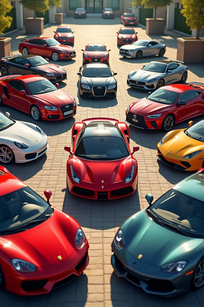 a scene in a luxurious parking lot, with several cars from renowned brands, like Ferrari, Lamborghini e Bentley, all shining in the sunlight. In the middle of them, a popular car like a Fiat, Renault or a Volkswagen, very simple and maybe even a little worn, contrasting with the brightness of others
