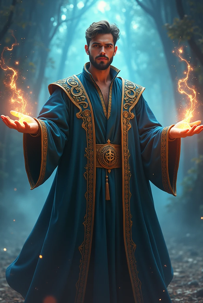 a 20 year old beardless young wizard doing magic in wizard clothes


