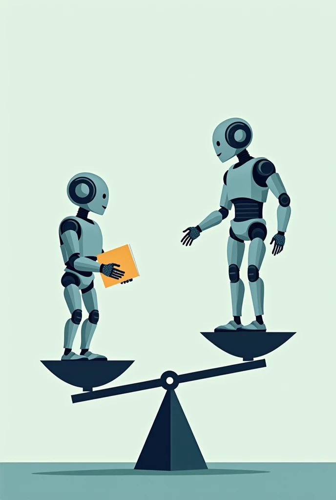 A balanced scale with robots on one side and human workers on the other, representing the impact of AI on the job market, including automation and new job opportunities.