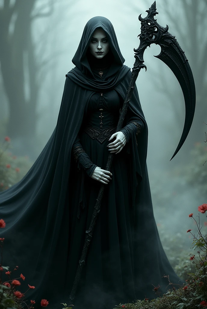 Beautiful female grim reaper，(( He has a big black scythe))