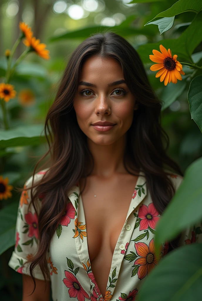 A Brazilian woman in a lush tropical garden, wearing an open shirt with a floral print, with a close-up capturing the harmonious beauty between her breasts and the natural flowers, showing off your natural charm and outgoing personality.