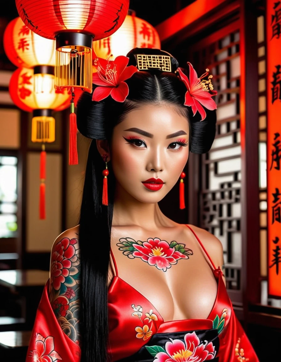 Create a beautiful geisha, a work of art, perfectly clear and expressive face, well-defined makeup, long black hair tied on top of the head, red flower in the hair detailed details, lock of hair on the face, (((a slender and beautiful, slightly tanned with tattoos on arms and legs in colorful designs))), red floral strappy dress on black satin falling over the legs, ((vibrant cyber neon environments, lantern lights, intricate typical Chinese neon designs on the ceiling and walls inside a typical Chinese restaurant)) UHD, 8k.