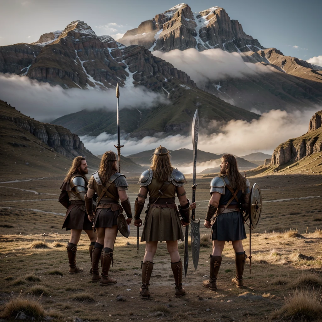 Three Viking warriors, each wearing intricate and weathered armor with fur accents, stand in a circle in the midst of an epic, rugged landscape at dawn. They raise their swords high, crossing them in the air in a powerful, symbolic gesture of unity, reminiscent of the Knights of the Round Table. The atmosphere is intense, with a dramatic, overcast sky and the first light of day casting a golden glow on their faces and armor. The background features towering mountains and a distant, ancient fortress shrouded in mist