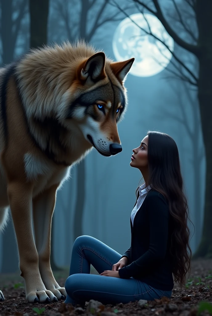 Wolf of enormous size, blue eyes, brown fur, looking face to face at a sitting on the ground in the middle of the forest at night, Brown skin, latina, long straight hair, very long hair , Dark brown hair, with bright violet eyes. jeans, white shirt with a smart black sweater, looking at each other with deep love