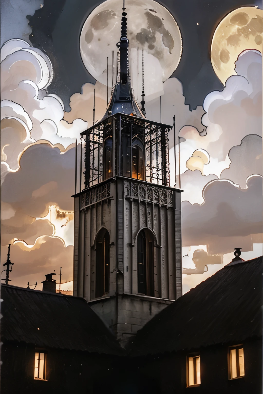 a bell tower and a tower seen from below, clouds, red enamel moon surrounded by white, night sky clouds near the moon, village, night, surreal atmosphere.