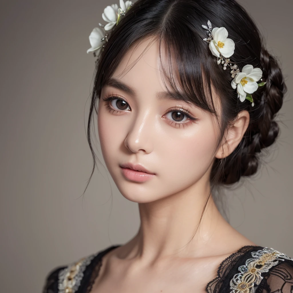 ((Highest quality、8k、masterpiece、Realistic live action:1.3))、(A stunningly cute and beautiful fashion model), 、 Highly detailed skin texture, Intricately detailed, double eyelid, Beautiful thin nose, , (Shiny black hair, Medium Straight Hair ), Beautiful Skin, Big eyes, 、Additional HD , masterpiece、((Realistic live action))、(Face Focus)