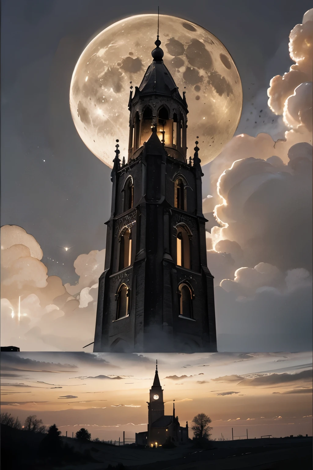 a bell tower and a tower seen from below, clouds, red enamel moon surrounded by white, night sky clouds near the moon, village, night, surreal atmosphere.