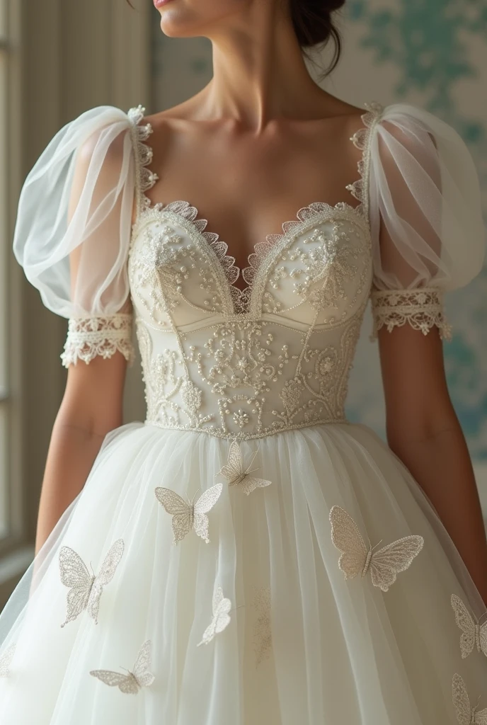 A wedding dress:
Fabric: Silk that enhances your body without being tight, transitioning into netting below the waist.
Fit: The dress shows off your curves while remaining comfortable and not overly tight.
Sleeves: Puff sleeves that are off the shoulders, draping down to the biceps with a trail of netting adorned with pearls hanging from both sleeves.
Neckline: Adorned with pearls, seamlessly integrating into the netting.
Skirt: The silk transitions into netting below the waist, embellished with delicate embroidery of butterflies and pearls.
cover the upper body and don't make the skirt see-through, keep the rest of the dress same and keep the sleeves