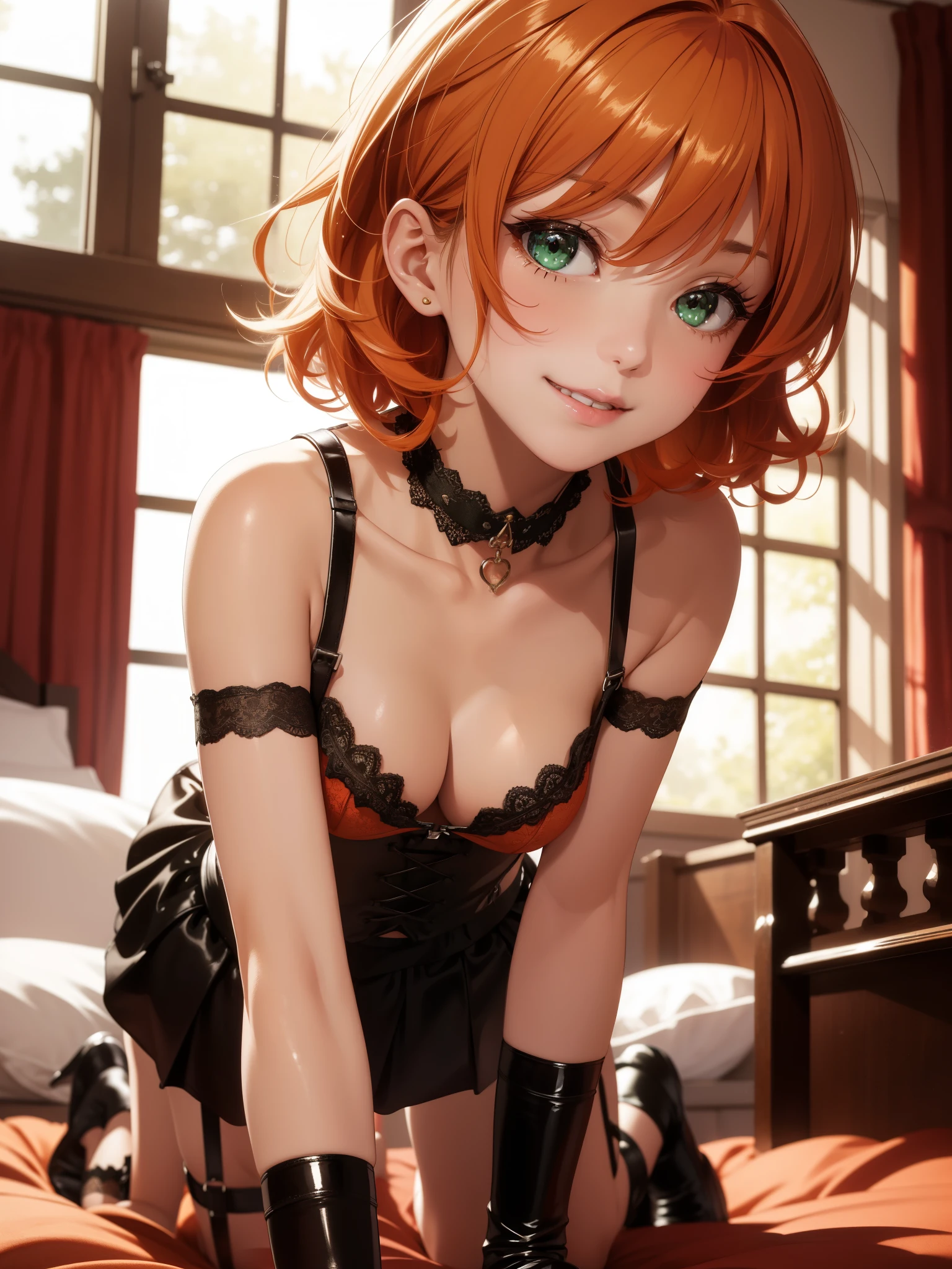 super high image, super detail, super high resolution, cute 1 girl, crawling on all fours, skinny, small breasts, no cleavage, moist shiny lips, grinning, mischievous, light-orange hair, messy wild short hair, hair covering face, green sparkling eyes, (glossy dark eyeshadow), shiny skin, collar, black corset, leather, straps, garter, red lace, night time, bedroom