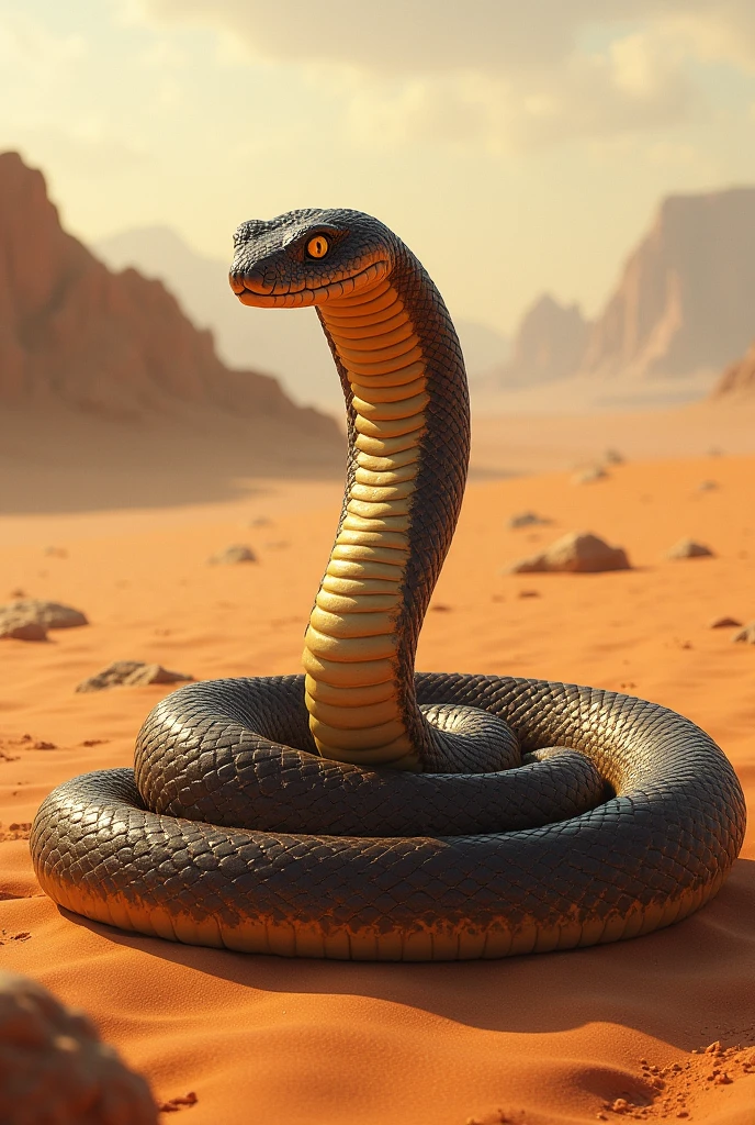 A Taipan snake with dark brown to golden skin, circling on desert sand with arid background.