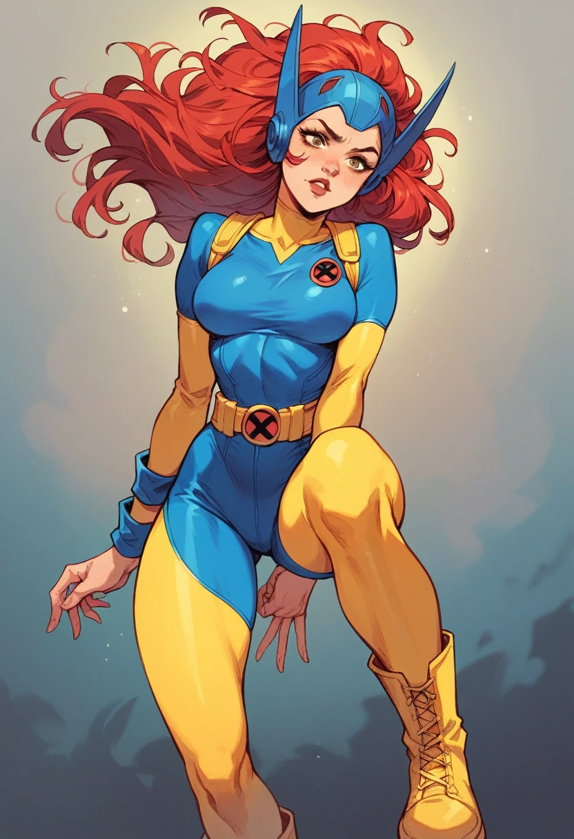 1woman, x-men, comics style, long red hair, blue headgear, bodysuit, blue top, yellow sleeves, yellow leggings, yellow boots, blue wrist bands,