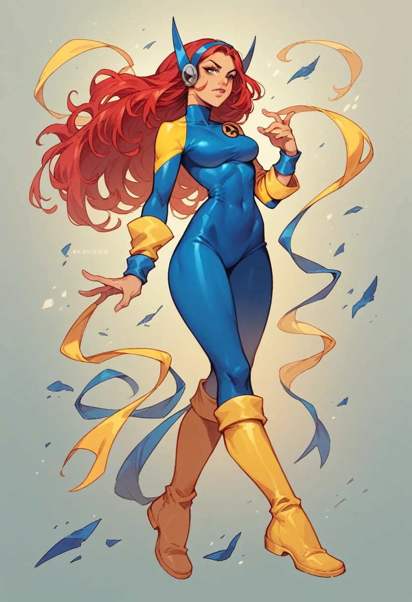 1woman, x-men, comics style, long red hair, blue headgear, bodysuit, blue top, yellow sleeves, yellow leggings, yellow boots, blue wrist bands,