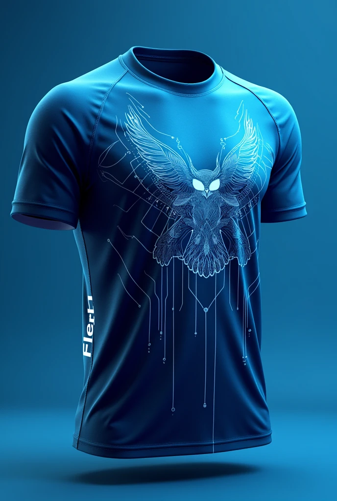 Create a sports shirt in gradient blue; put the name E-TECH in white font and on the side ; create a stylized technological owl in white and place it on the side of the shirt ,place connecting wires on the entire shirt