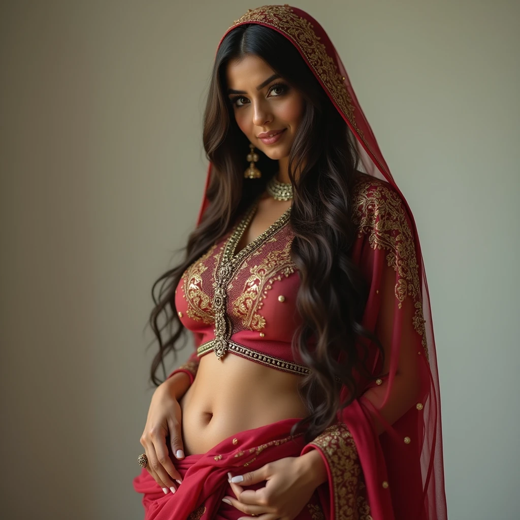 Hot sexy beautiful Busty Traditional Pakistani Hijabi Muslim Milf covering her head with Hijab wearing Saree and a waist chain around her belly. Navel visible 