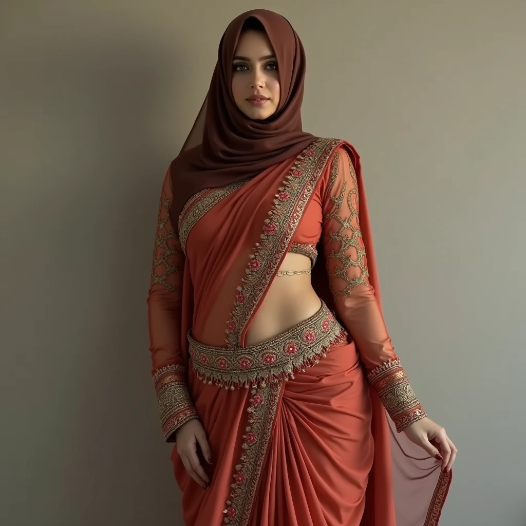 Hot sexy beautiful Busty Traditional Pakistani Hijabi Muslim Milf covering her head with Hijab wearing Saree and a waist chain around her belly. Navel visible