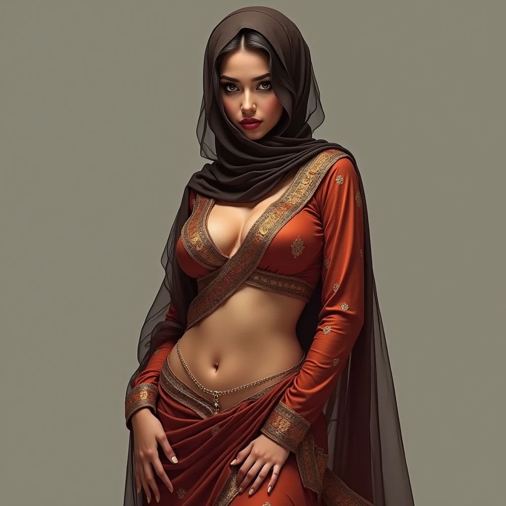 Hot sexy beautiful Busty Traditional Pakistani Hijabi Muslim Milf covering her head with Hijab wearing Saree and a waist chain around her belly. Navel visible