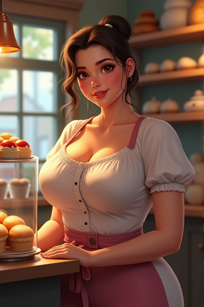  elegant,Full color high quality　Her huge breasts are completely exposed and natural　　Naked and with large nipples　woman　beautiful　Updo　Confectionery shop　Boobs Cake　Photorealistic highest quality　,city,big breasts