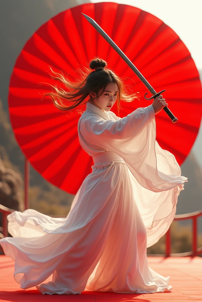 (masterpiece, best quality, beauty, best ratio, best shadows,best Illustration) uhd,china female kungfu, korean beauty like tae yon, full posture fully visible, shining red eyes, windblown hair, wear white cheongsam, sword dancing, left hand holding red traditional half moon fan, and right hand holding long sword, on big red square pallete. noon sky, side light, and kunlun mountain seen on far away. use the RenderMan renderer.digital art. High definition, high contrast,high color saturation,128k,cinematic lighting, intricate,cinematic advertising photograph,cinema lens,high res.