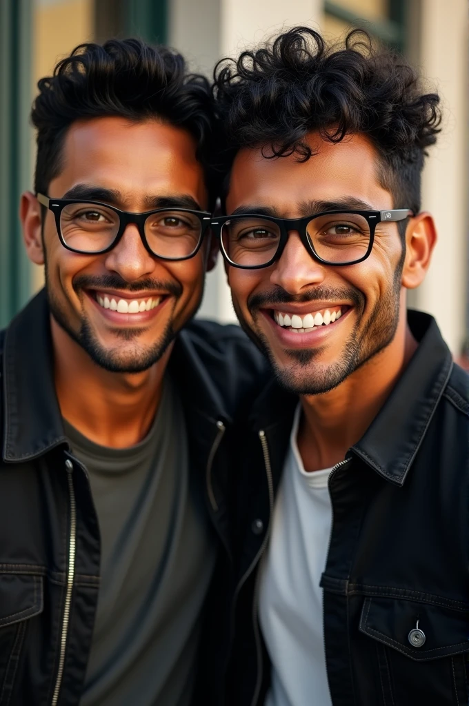 2 Mexican man with dark skin and short curly hair with black glasses, thin and wearing a black jacket, smiling and with dimples in his cheeks