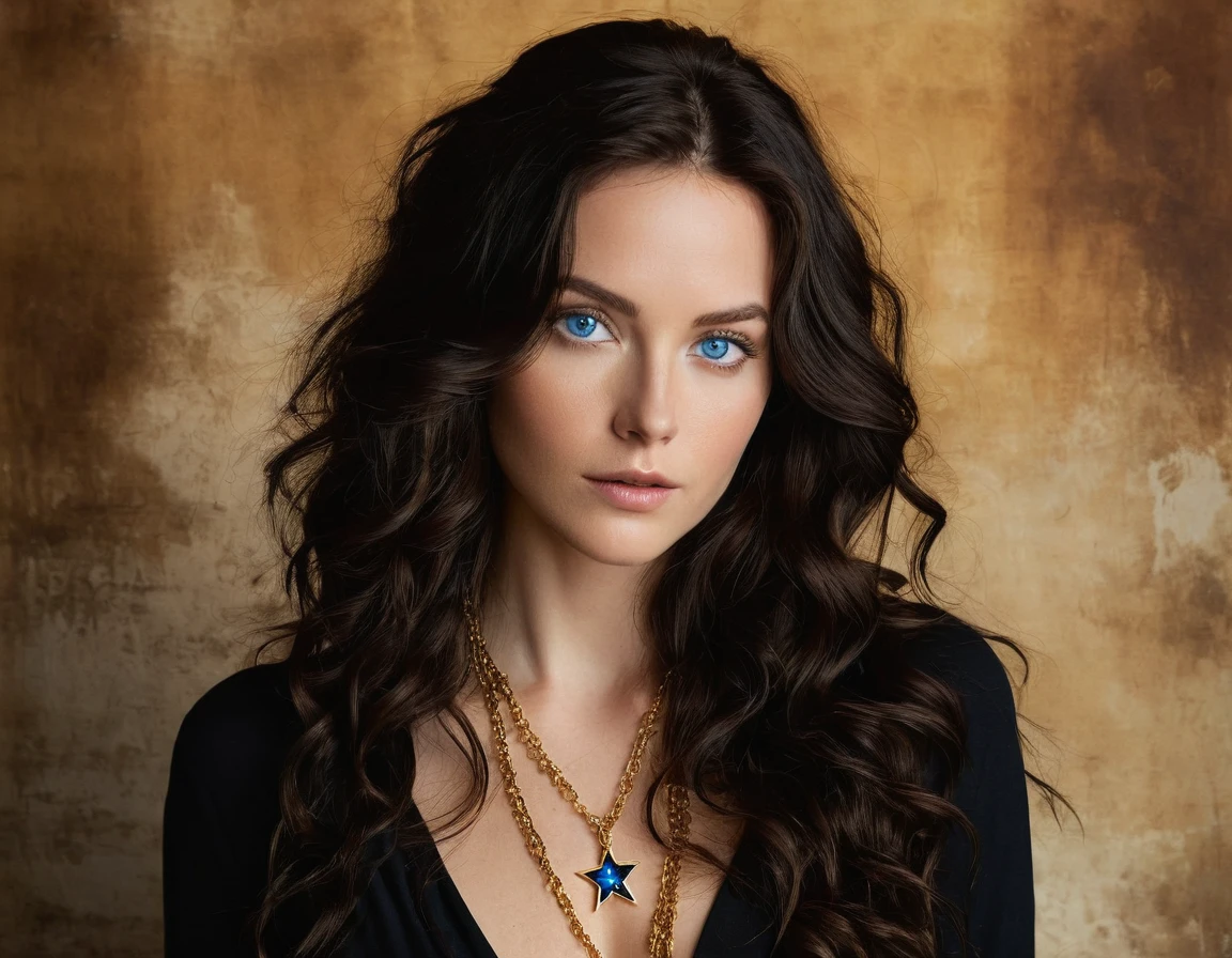 A photo of a woman with long, wavy dark hair. She has intense blue eyes and is wearing a deep V-neck black outfit. A gold necklace with a star pendant is visible around her neck. The background is a mix of gold and brown hues, giving it an antique or rustic feel. The woman's gaze is direct and captivating, and the overall mood of the image is both mysterious and alluring.