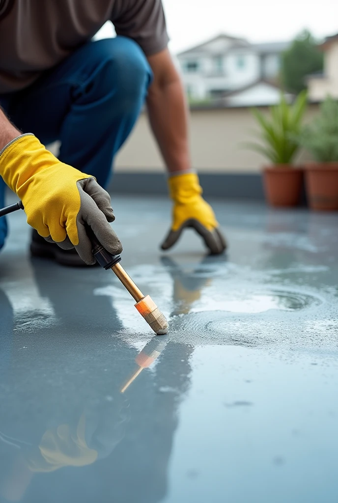 Generate an Instagram post image featuring a person wearing protective gloves and using a torch to waterproof a terrace with a membrane. The image should clearly show the individual applying the membrane to the terrace, highlighting the use of safety gear and the application process. Emphasize the texture and detail of the membrane, and ensure the scene conveys a sense of professionalism and thoroughness. The overall image should be engaging, informative, and designed to attract attention on social media