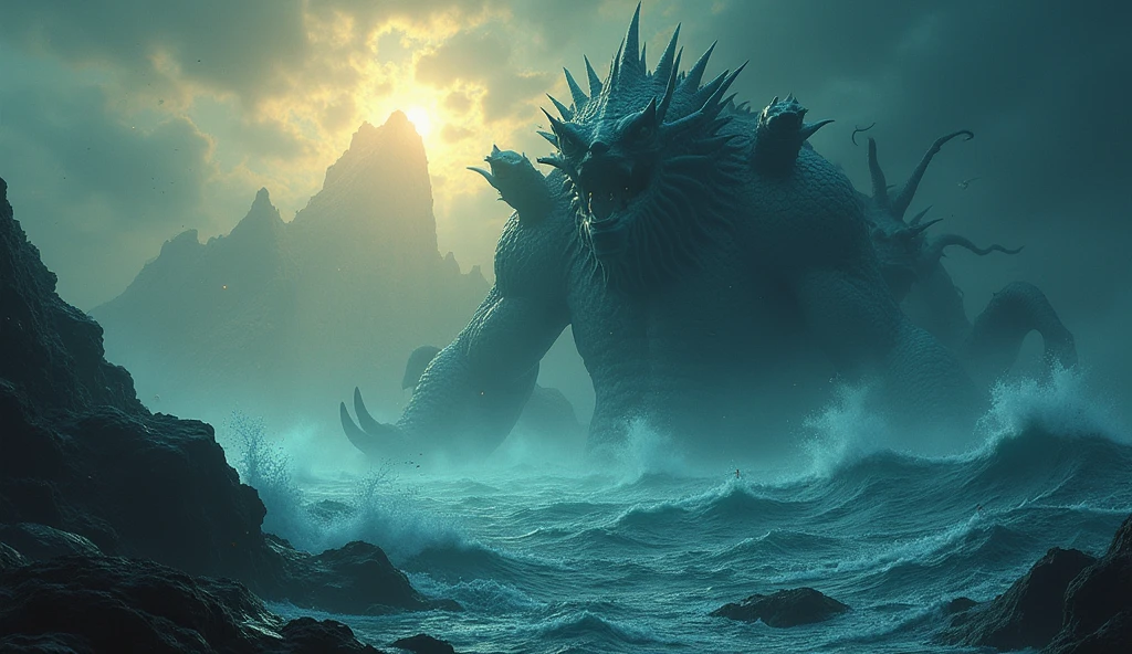 A cinematic and dark image depicting the mythical maritime figure Narayana emerging from the ocean. This colossal entity has seven heads, each symbolizing a different aspect of the ocean—raging storms, tranquil seas, hidden depths, shimmering surface, life-giving waters, destructive tides, and the mysterious abyss. As Narayana rises from the churning depths, the water swirls around its massive form, illuminated by flashes of bioluminescent light and glowing sea creatures. The scene is both awe-inspiring and terrifying, with the creature's presence dominating the vast expanse of the ocean. In the background, the mythical land of Lemuria begins to emerge from the sea, its golden mountains and lush vegetation bathed in a celestial light that breaks through the stormy clouds. The atmosphere is filled with a sense of ancient power and the resurgence of lost worlds, as the boundary between myth and reality blurs in this otherworldly spectacle., Surrealism, Hyperrealism, UHD, retina, masterpiece, accurate, anatomically correct, textured skin, super detail, 16k
