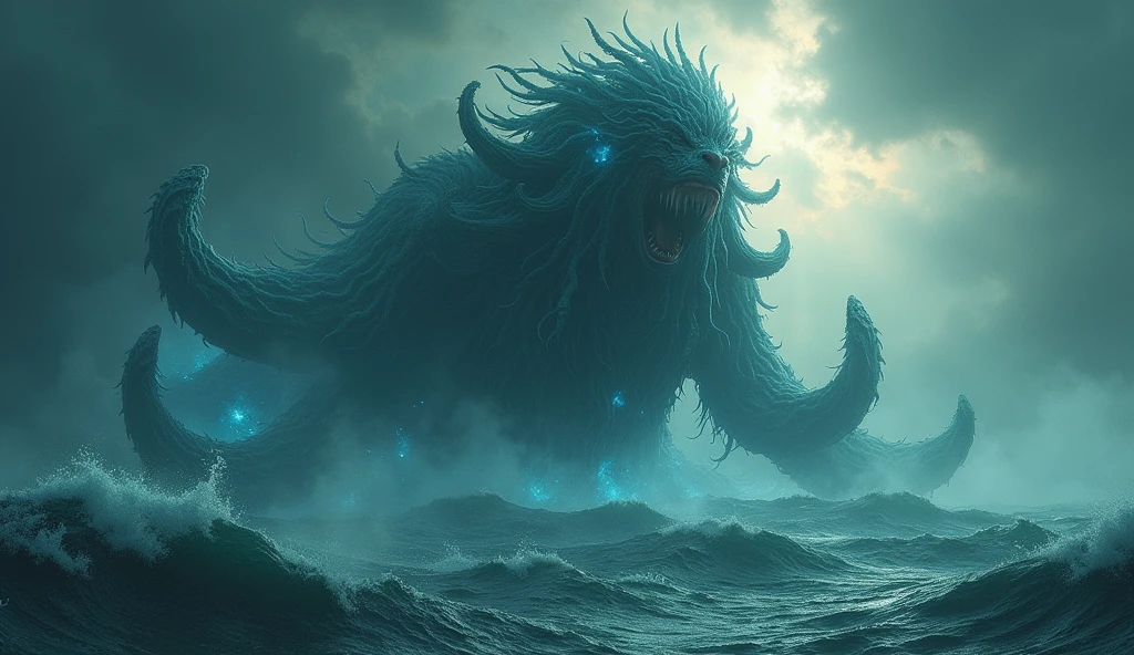 A cinematic and dark image depicting the mythical maritime figure Narayana emerging from the ocean. This colossal entity has seven heads, each symbolizing a different aspect of the ocean—raging storms, tranquil seas, hidden depths, shimmering surface, life-giving waters, destructive tides, and the mysterious abyss. As Narayana rises from the churning depths, the water swirls around its massive form, illuminated by flashes of bioluminescent light and glowing sea creatures. The scene is both awe-inspiring and terrifying, with the creature's presence dominating the vast expanse of the ocean. In the background, the mythical land of Lemuria begins to emerge from the sea, its golden mountains and lush vegetation bathed in a celestial light that breaks through the stormy clouds. The atmosphere is filled with a sense of ancient power and the resurgence of lost worlds, as the boundary between myth and reality blurs in this otherworldly spectacle., Surrealism, Hyperrealism, UHD, retina, masterpiece, accurate, anatomically correct, textured skin, super detail, 16k