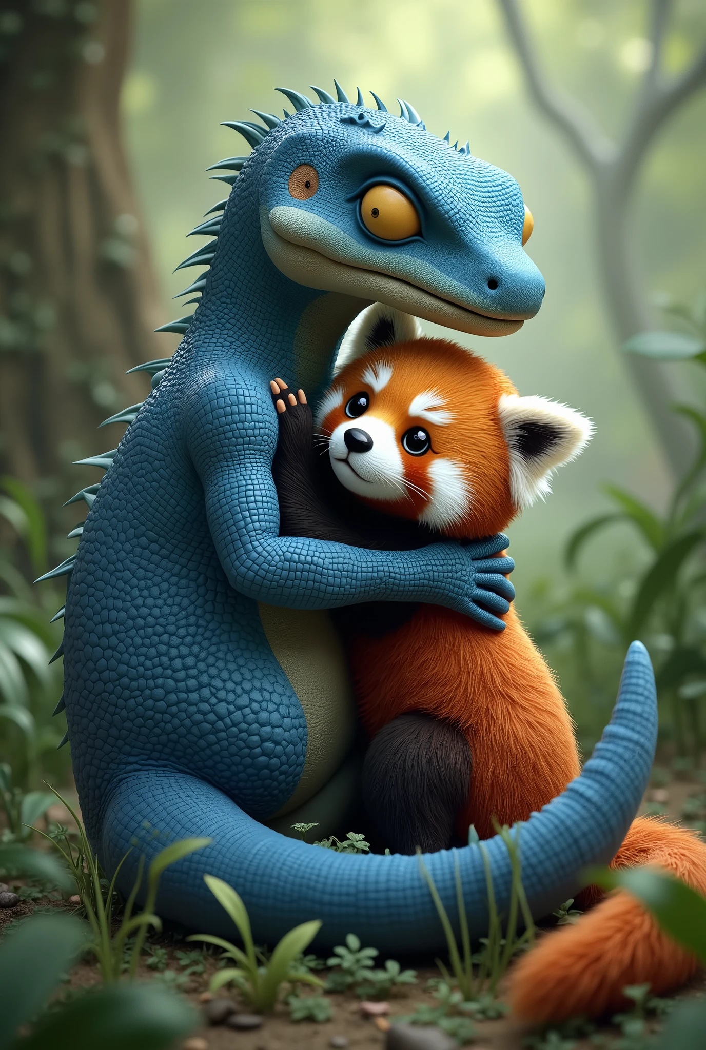 Skinny big male Blue Lizard get hugged by female red panda cute