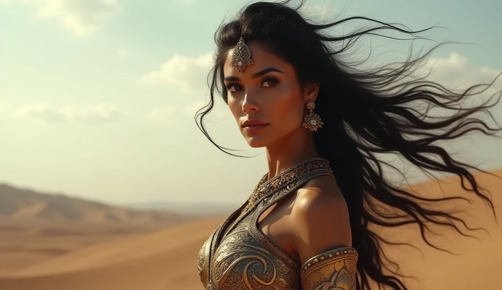 A beautiful Persian warrior woman, full hd, best quality, 1 girl, solo, beautiful, shapely, big hips, huge breasts, big ass, thick legs, a big slit showing part of her legs, innocent, pure, delicate, body proportional, perfect body figure, cold face, long hair flying in the wind, Photos with depth, wind, (masterpiece), full hd, best quality, from the back, observing the landscape, perfect face, 1 girl, solo, Portrait of an ancient Persian warrior. (((Positioned towards the corner of the image)))