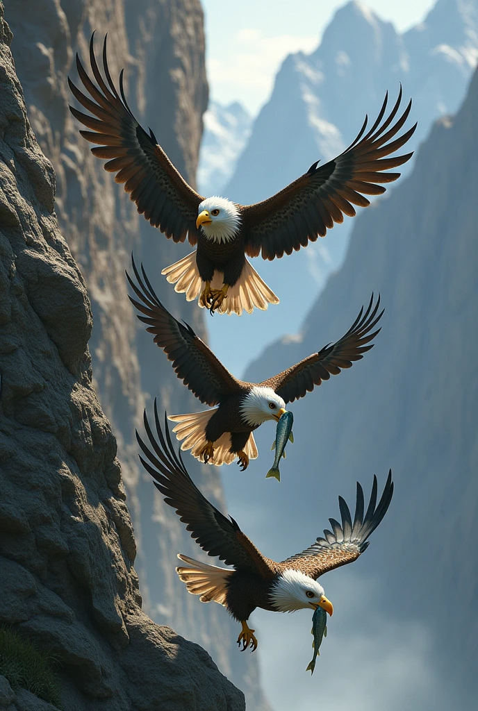 4 eaglets flying towards a cliff 3 eaglets with fish in their mouths