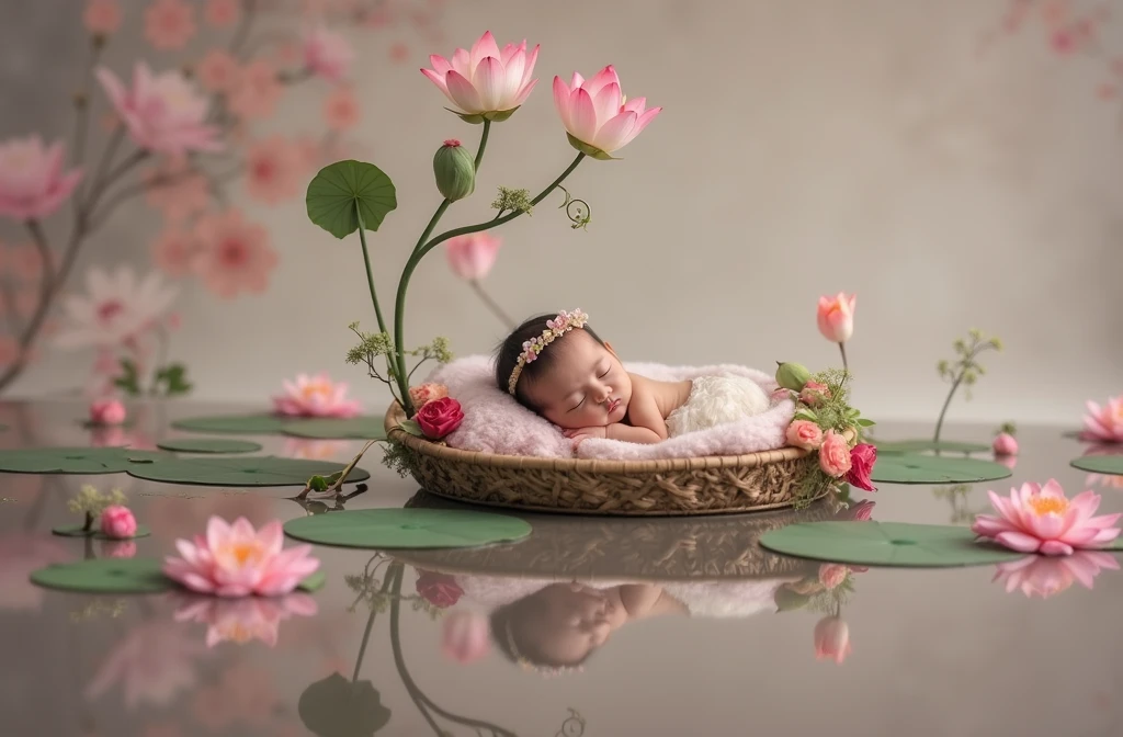 there is a baby sleeping in a basket with flowers on the ground, inspired by Anne Geddes, lotus floral crown girl, lying on lily pad, award winning studio photo, sitting on a lotus flower, peaceful and graceful, elegant floating pose, dreamy and detailed, by Anne Geddes, anna nikonova, standing gracefully upon a lotus, red and green colour combo